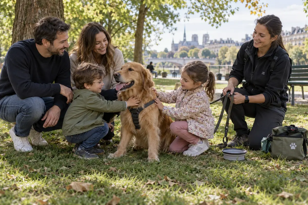 Une famille avec deux enfants caresse un golden retriever dans un parc, la référente à côté